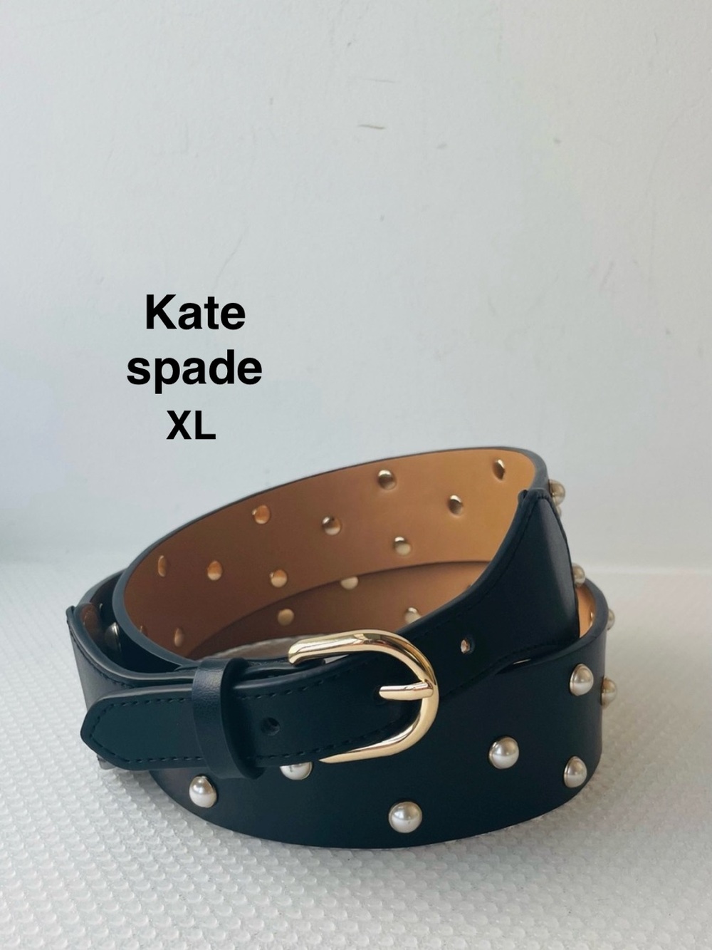 Kate Spade Black Leather faux Pearl Embellished Belt Size XL⭐️⭐️⭐️